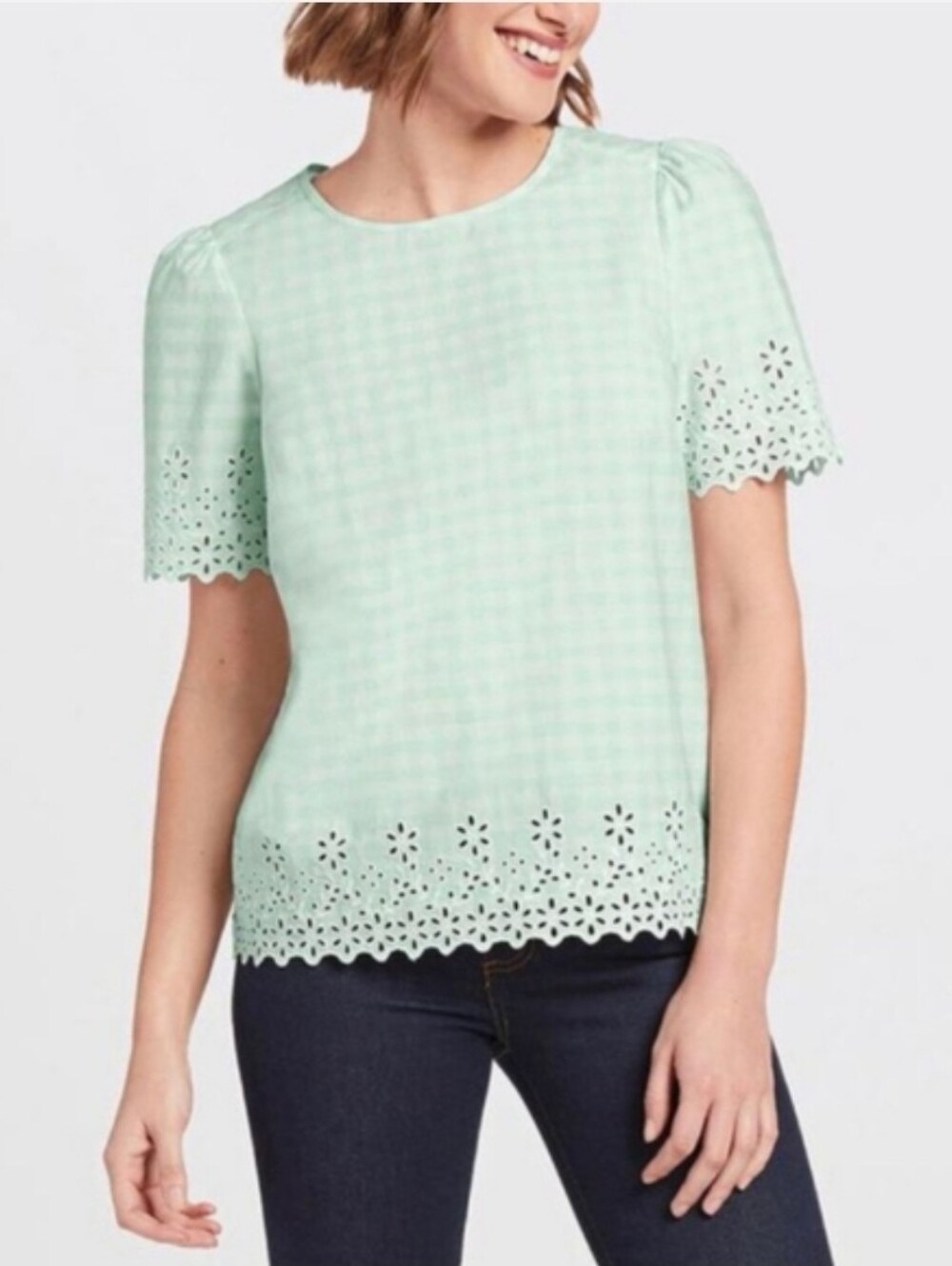 Draper James Embroidered Gingham Mint Green Eyelet Hem Shirt Top Medium